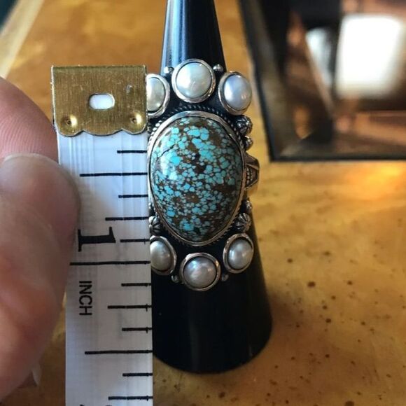 Royston Blue Horizon Turquoise White Pearl Cocktail Ring Size 6 - Picture 6 of 10